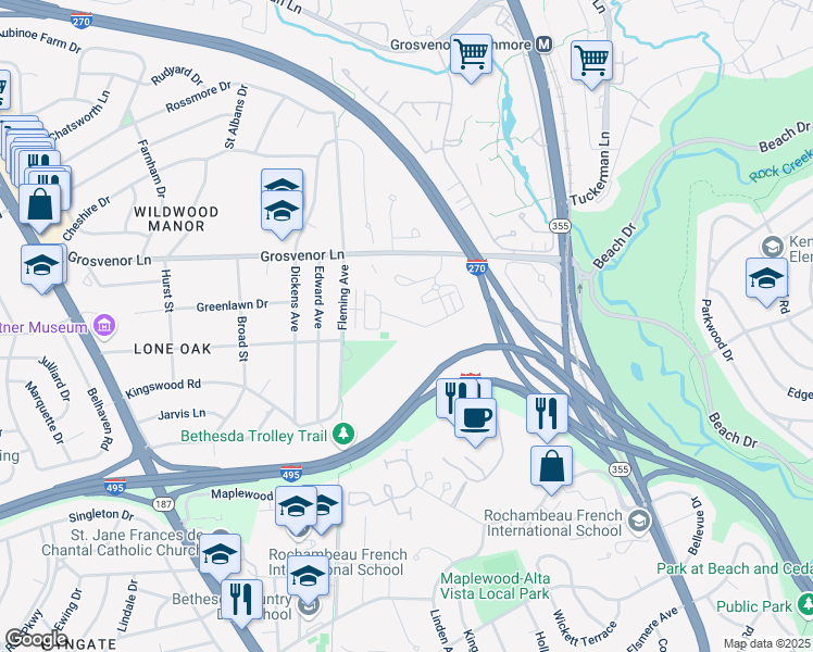 map of restaurants, bars, coffee shops, grocery stores, and more near 5436 Merriam Street in Bethesda