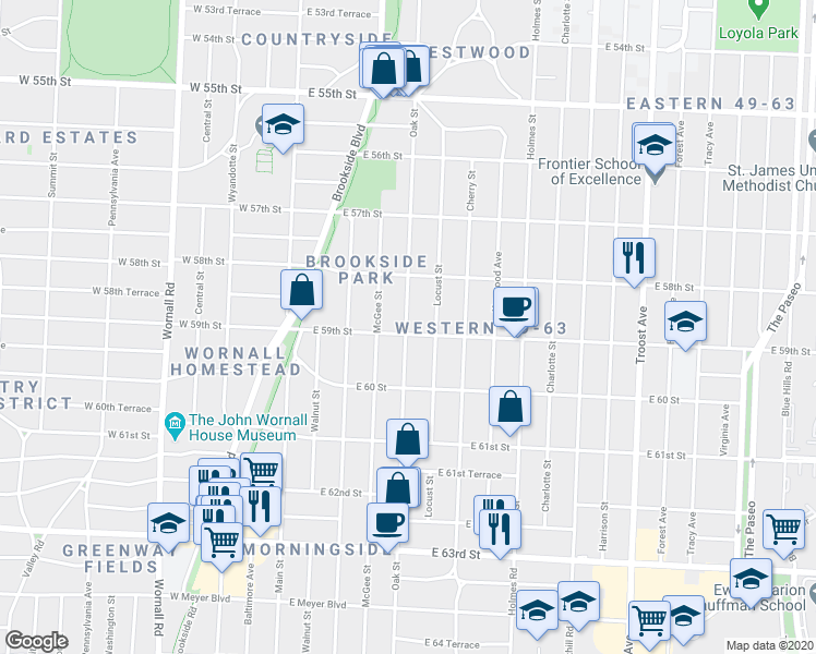 map of restaurants, bars, coffee shops, grocery stores, and more near 400 East 59th Street in Kansas City