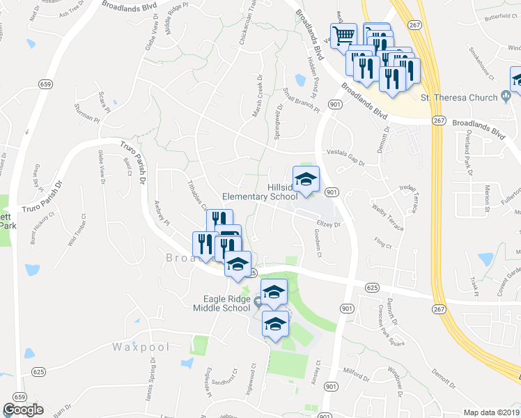 map of restaurants, bars, coffee shops, grocery stores, and more near 21548 Bankbarn Terrace in Broadlands