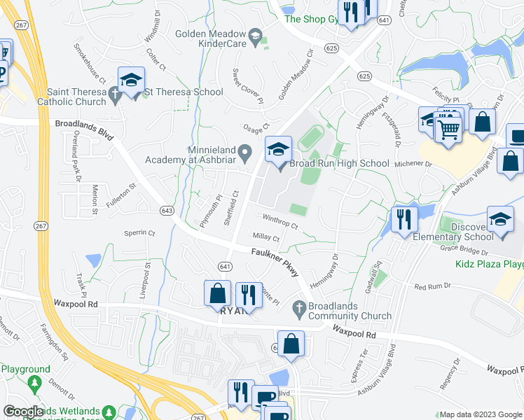 map of restaurants, bars, coffee shops, grocery stores, and more near 43612 Winthrop Court in Ashburn