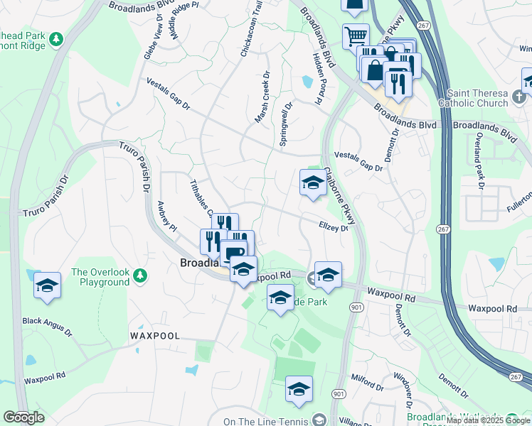 map of restaurants, bars, coffee shops, grocery stores, and more near 21548 Bankbarn Terrace in Broadlands