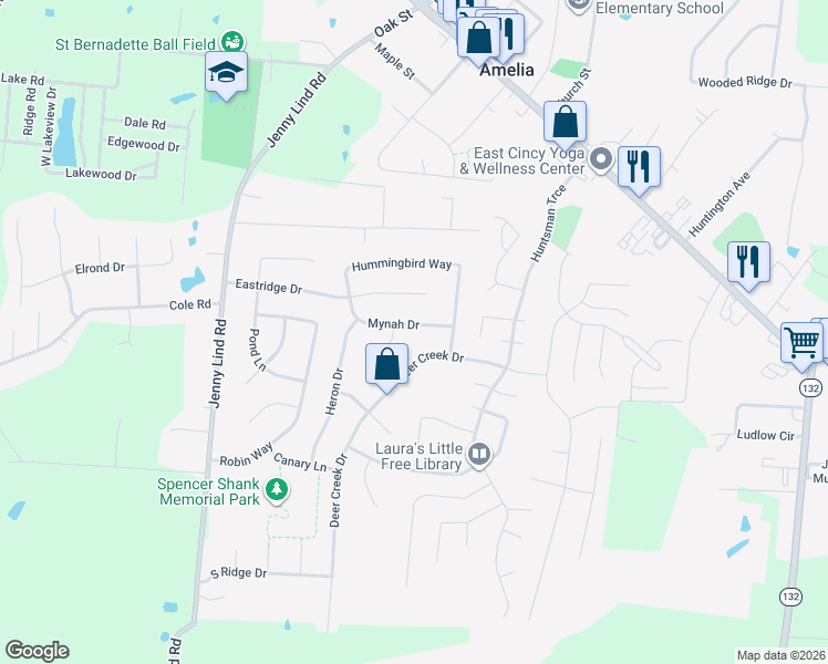 map of restaurants, bars, coffee shops, grocery stores, and more near 12 Mynah Drive in Amelia