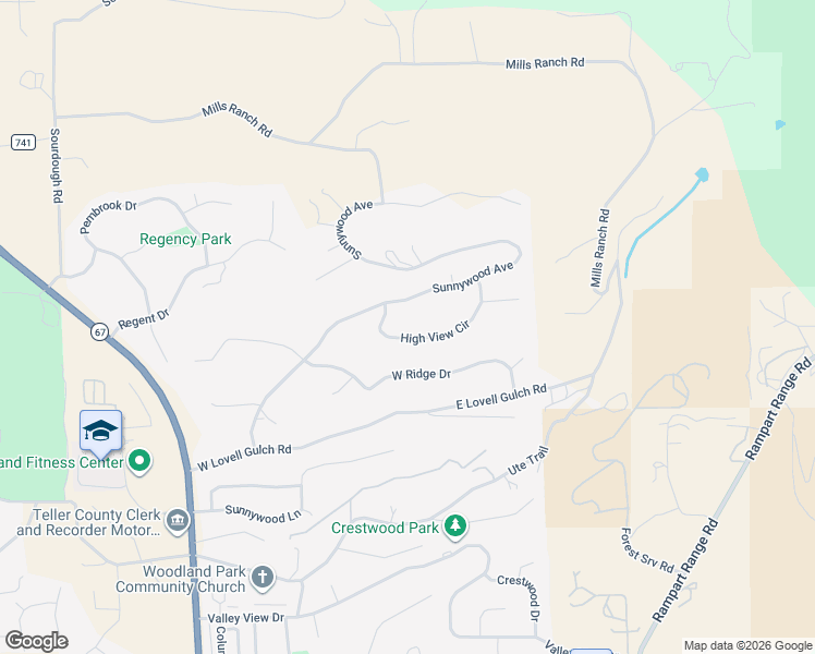 map of restaurants, bars, coffee shops, grocery stores, and more near 2619 Sunnywood Avenue in Woodland Park