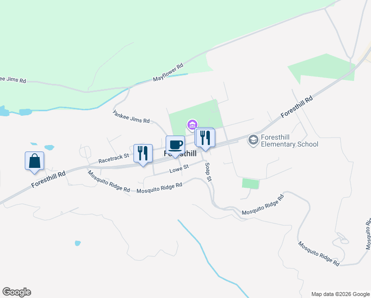 map of restaurants, bars, coffee shops, grocery stores, and more near 24542 Harrison Street in Foresthill