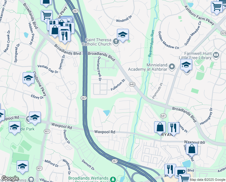 map of restaurants, bars, coffee shops, grocery stores, and more near 43343 Fullerton Street in Ashburn