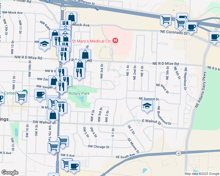 map of restaurants, bars, coffee shops, grocery stores, and more near 163 Northwest Zaun Avenue in Blue Springs