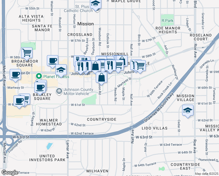 map of restaurants, bars, coffee shops, grocery stores, and more near 5924 Outlook Street in Mission
