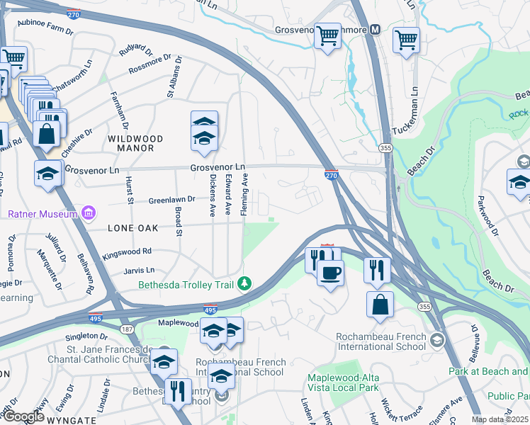 map of restaurants, bars, coffee shops, grocery stores, and more near 137 Winsome Circle in Bethesda