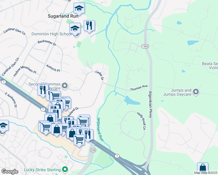map of restaurants, bars, coffee shops, grocery stores, and more near 134 Lakeland Drive in Sterling