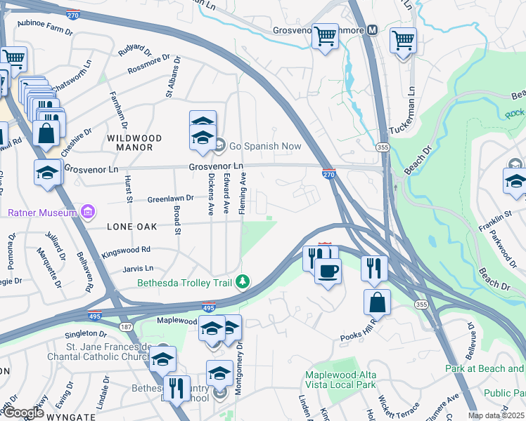 map of restaurants, bars, coffee shops, grocery stores, and more near 137 Winsome Circle in Bethesda