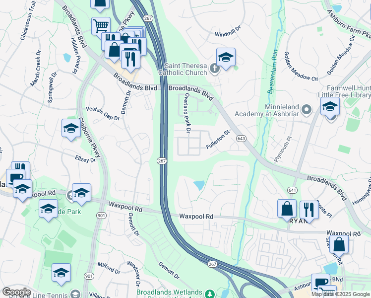 map of restaurants, bars, coffee shops, grocery stores, and more near 21539 Overland Park Drive in Ashburn