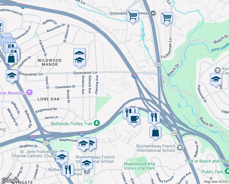 map of restaurants, bars, coffee shops, grocery stores, and more near 5436 Merriam Street in Bethesda