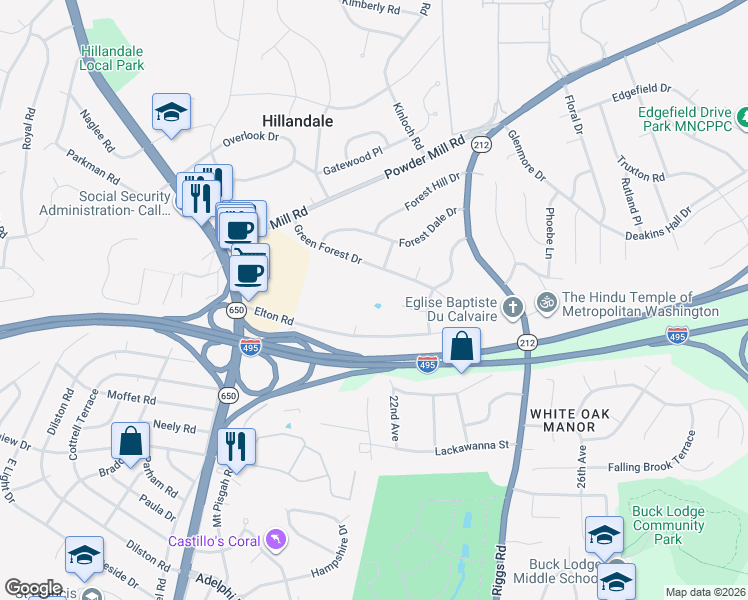 map of restaurants, bars, coffee shops, grocery stores, and more near 10116 Green Forest Drive in Silver Spring