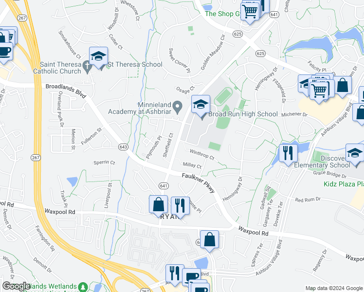 map of restaurants, bars, coffee shops, grocery stores, and more near 43604 Winthrop Court in Ashburn