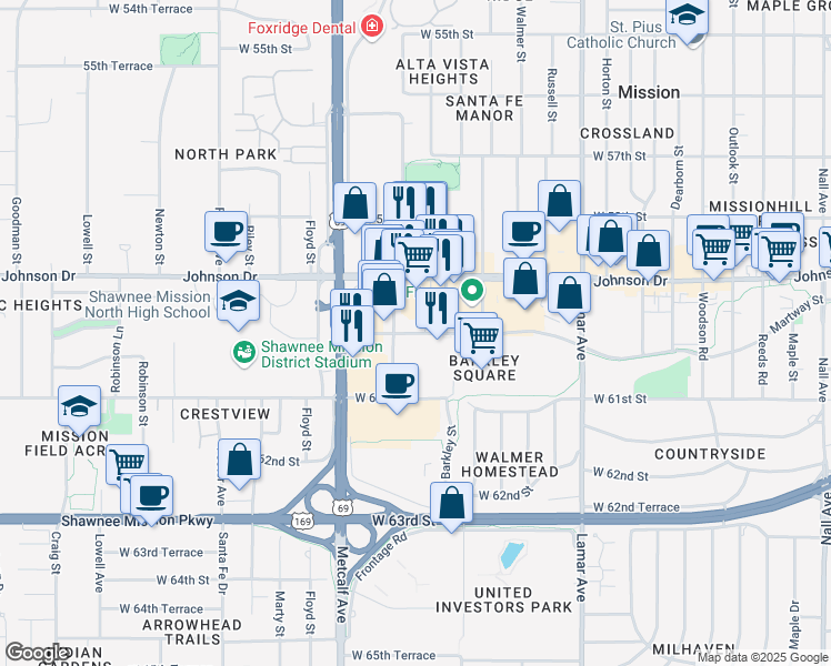 map of restaurants, bars, coffee shops, grocery stores, and more near 6864 Martway Street in Mission