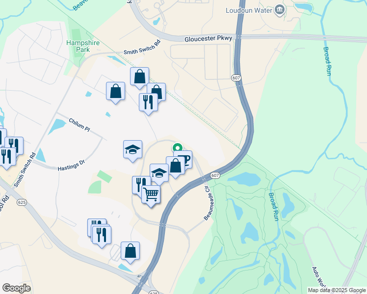 map of restaurants, bars, coffee shops, grocery stores, and more near 21561 Beaumeade Circle in Ashburn
