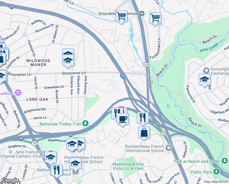 map of restaurants, bars, coffee shops, grocery stores, and more near 5400 Merriam Street in Bethesda