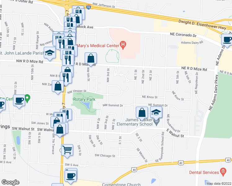map of restaurants, bars, coffee shops, grocery stores, and more near 179 Northwest Vesper Street in Blue Springs