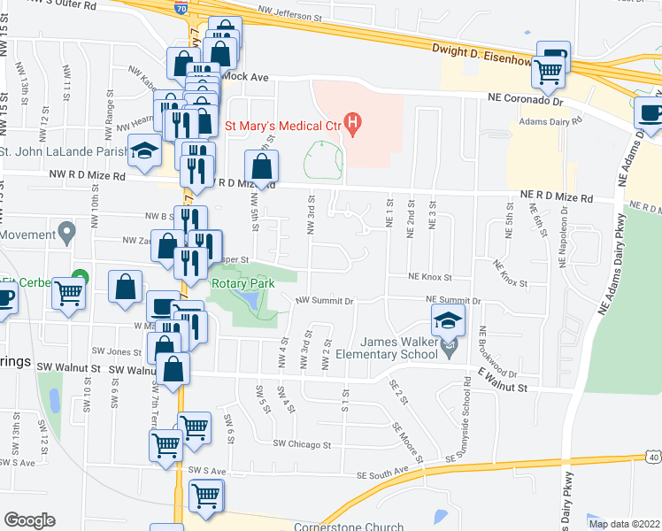 map of restaurants, bars, coffee shops, grocery stores, and more near 177 Vesper Street in Blue Springs