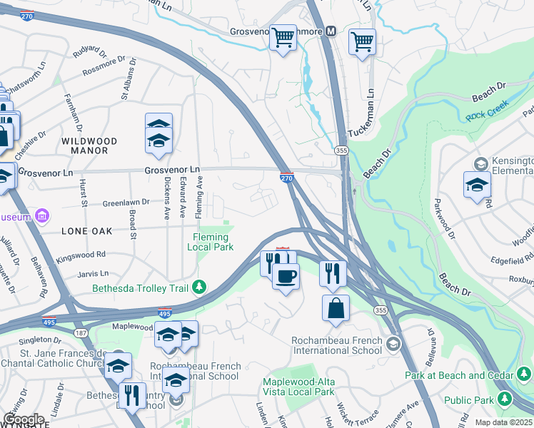 map of restaurants, bars, coffee shops, grocery stores, and more near 5400 Merriam Street in Bethesda