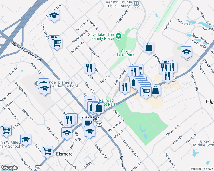 map of restaurants, bars, coffee shops, grocery stores, and more near 29 Clay Street in Erlanger