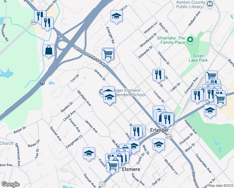 map of restaurants, bars, coffee shops, grocery stores, and more near 510 Graves Avenue in Erlanger