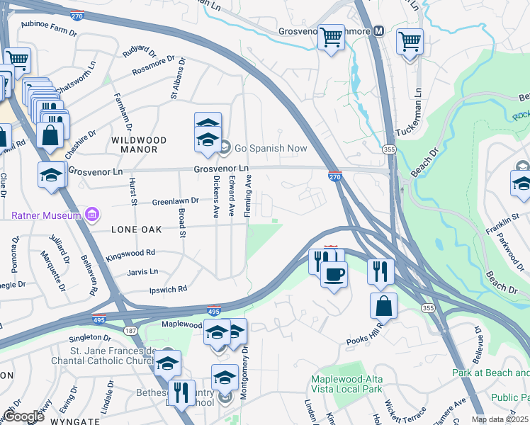 map of restaurants, bars, coffee shops, grocery stores, and more near 145 Winsome Circle in Bethesda