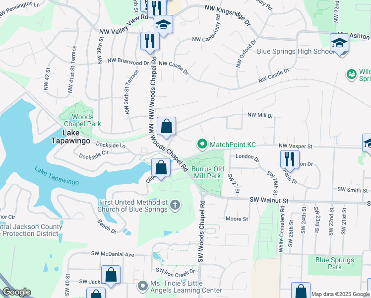 map of restaurants, bars, coffee shops, grocery stores, and more near 303 Northwest Waterwheel Court in Blue Springs