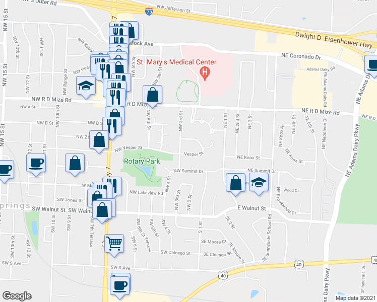 map of restaurants, bars, coffee shops, grocery stores, and more near 195 Northwest Vesper Street in Blue Springs