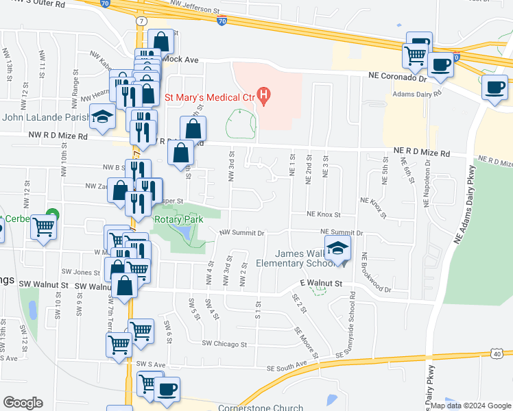 map of restaurants, bars, coffee shops, grocery stores, and more near 163 Vesper Street in Blue Springs