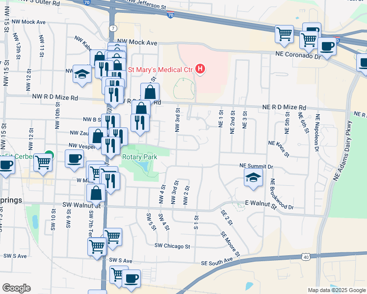 map of restaurants, bars, coffee shops, grocery stores, and more near 195 Vesper Street in Blue Springs