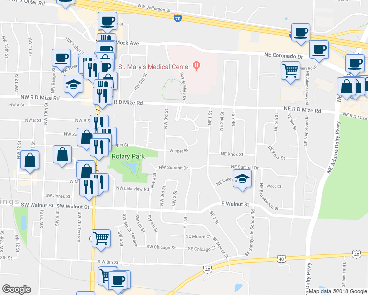 map of restaurants, bars, coffee shops, grocery stores, and more near 155 Vesper Street in Blue Springs