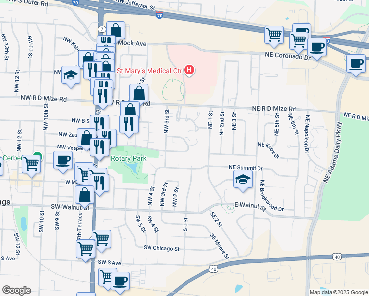 map of restaurants, bars, coffee shops, grocery stores, and more near 151 Vesper Street in Blue Springs