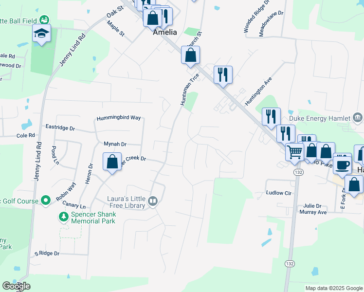 map of restaurants, bars, coffee shops, grocery stores, and more near 1 Cedarwood Drive in Amelia
