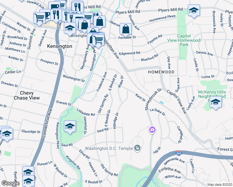 map of restaurants, bars, coffee shops, grocery stores, and more near 3208 Wake Drive in Kensington