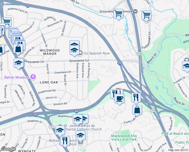 map of restaurants, bars, coffee shops, grocery stores, and more near 145 Winsome Circle in Bethesda