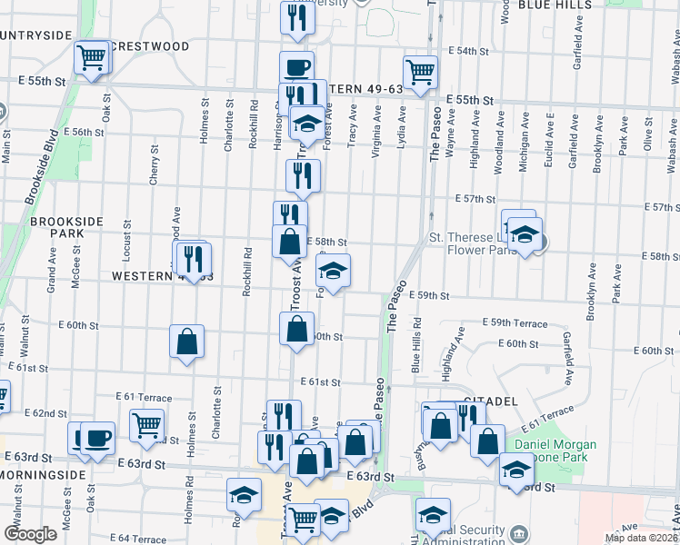 map of restaurants, bars, coffee shops, grocery stores, and more near 5814 Tracy Avenue in Kansas City