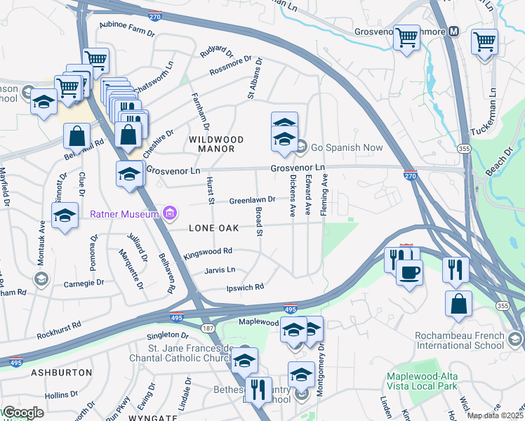 map of restaurants, bars, coffee shops, grocery stores, and more near 10007 Broad Street in Bethesda