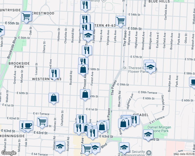 map of restaurants, bars, coffee shops, grocery stores, and more near 5814 Tracy Avenue in Kansas City