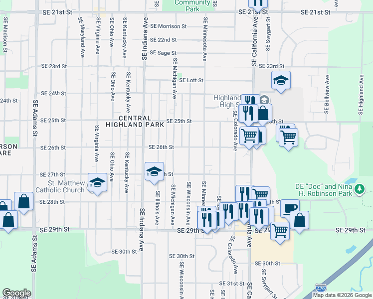 map of restaurants, bars, coffee shops, grocery stores, and more near 2538 Southeast Wisconsin Avenue in Topeka