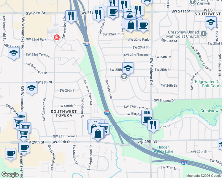 map of restaurants, bars, coffee shops, grocery stores, and more near 2548 Southwest Belle Avenue in Topeka
