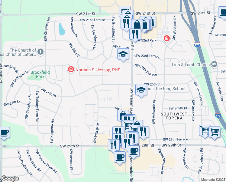map of restaurants, bars, coffee shops, grocery stores, and more near 2501 Southwest Brandywine Lane in Topeka