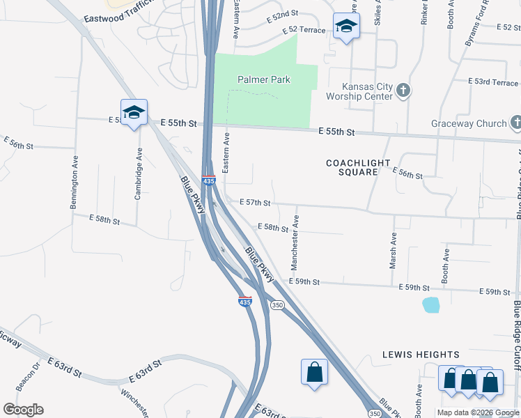map of restaurants, bars, coffee shops, grocery stores, and more near 7420 East 57 Street in Kansas City