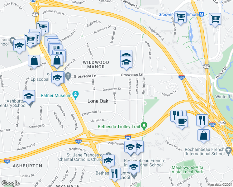map of restaurants, bars, coffee shops, grocery stores, and more near 10007 Broad Street in Bethesda