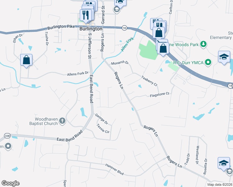 map of restaurants, bars, coffee shops, grocery stores, and more near 6280 Red Oak Lane in Burlington