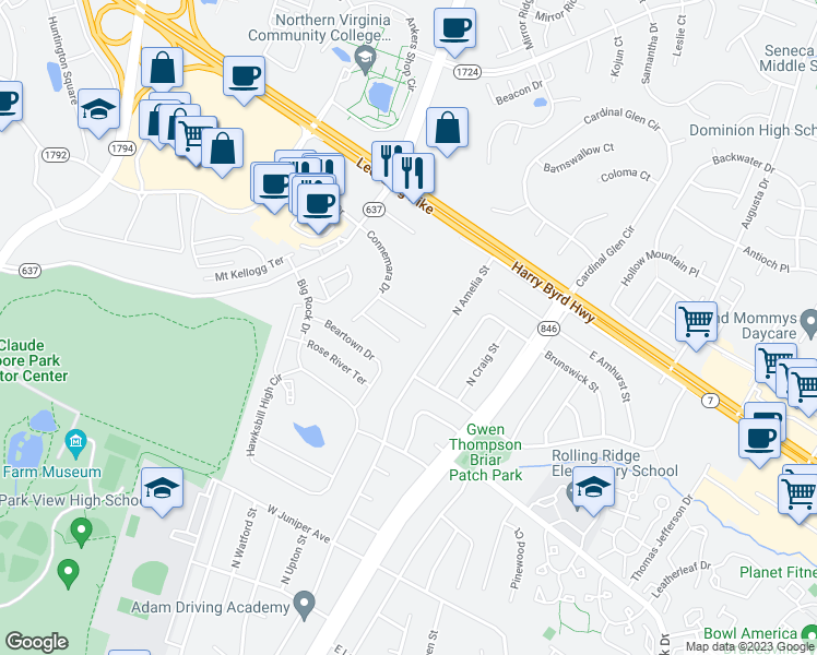 map of restaurants, bars, coffee shops, grocery stores, and more near 211 Edenberry Court in Sterling