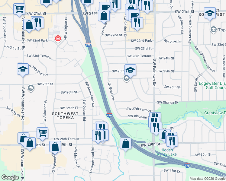 map of restaurants, bars, coffee shops, grocery stores, and more near 2548 Southwest Belle Avenue in Topeka