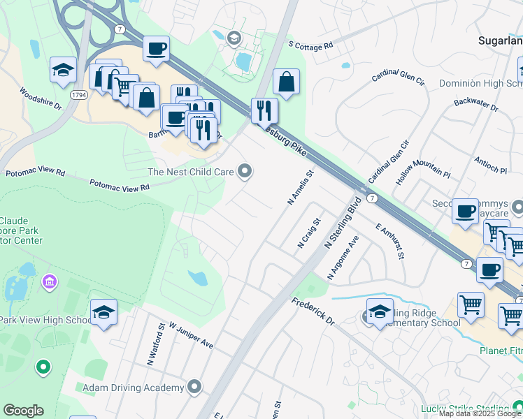 map of restaurants, bars, coffee shops, grocery stores, and more near 211 Edenberry Court in Sterling
