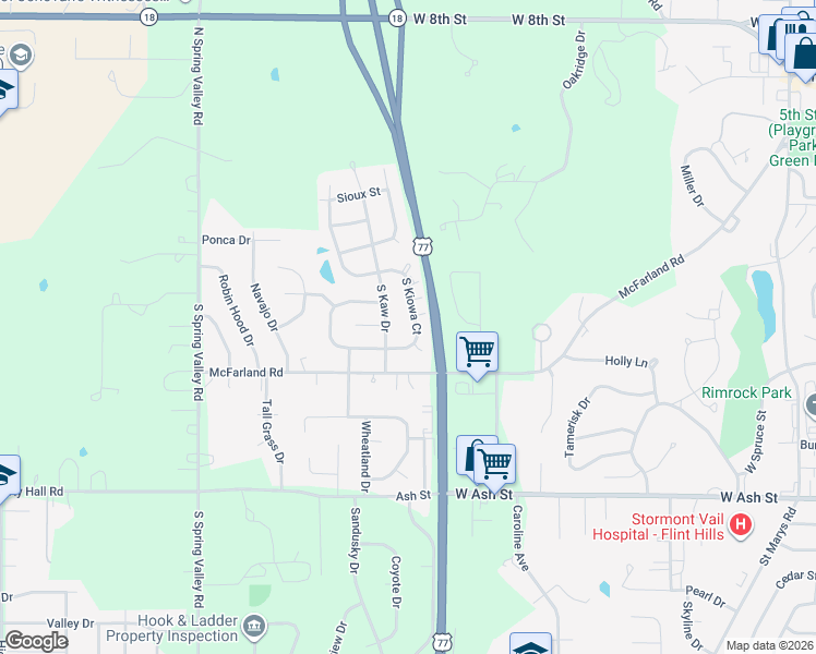 map of restaurants, bars, coffee shops, grocery stores, and more near 322 South Kiowa Court in Junction City