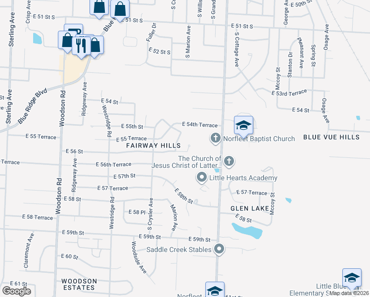 map of restaurants, bars, coffee shops, grocery stores, and more near 12518 East 56th Street in Kansas City